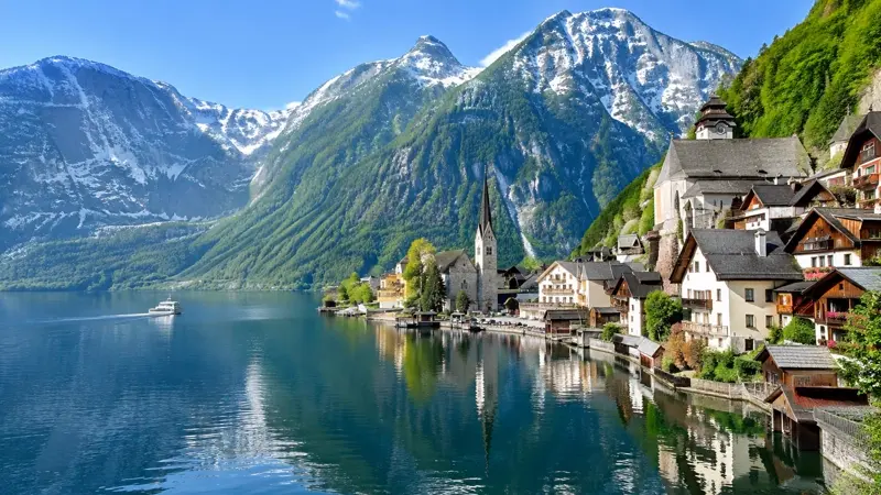 Hallstatt am See vor den Alpen, Österreich