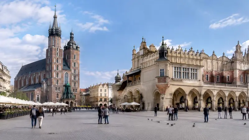 Hauptmarkt mit Tuchhallen und Marienkirche in Krakau, Polen